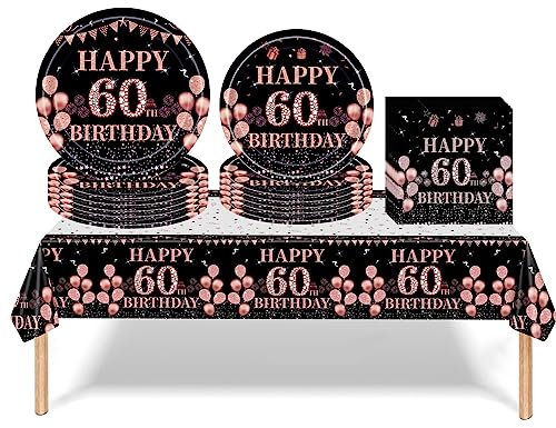 53Pcs Black Rose Gold 60th Happy Birthday Party Tableware Decorations for Her Plastic Table Cloth,7,9inch Paper Plates,Napkins for Women Birthday Table Party Tableware Set for Girls Women Adults