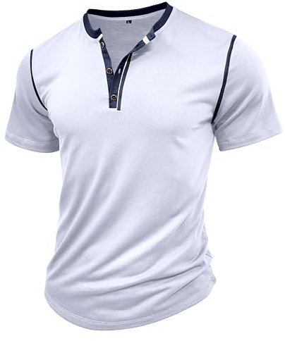 MakingDa White Mens Henley Shirts Vintage Short Sleeve Muscle Gym Summer Button Plain Golf Grandad Shirt Casual Classic Breathable Lightweight Regular-Fit Work Casual Smart Tops L