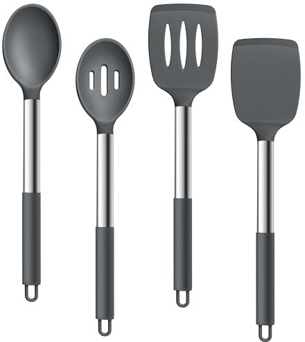 4 Piece Kitchen Utensil Set, Homikit Silicone Cooking Utensils Spatulas with Stainless Steel Handle, Heat Proof Turners Spoons Safe for Non-Stick Cookware, Dishwasher Safe - Grey