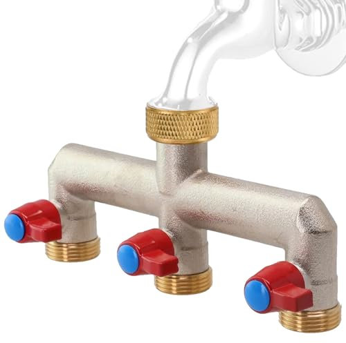 Kleemeiero 3-Wege Wasserverteiler für gleichzeitigen Anschluss von Zwei Geräten 3/4 3-Wege Wasserhahn Wasserverteiler aus Messing mit Kugelhahn zum Einstellen und Absperren des Wasserflusses