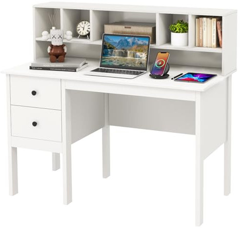 COSTWAY Bureau d'ordinateur 60 x 120 cm, Table de Travail avec Étagères 5 Compartiments et 2 Tiroirs de Rangement, Poste de Travail Informatique en Bois, Blanc
