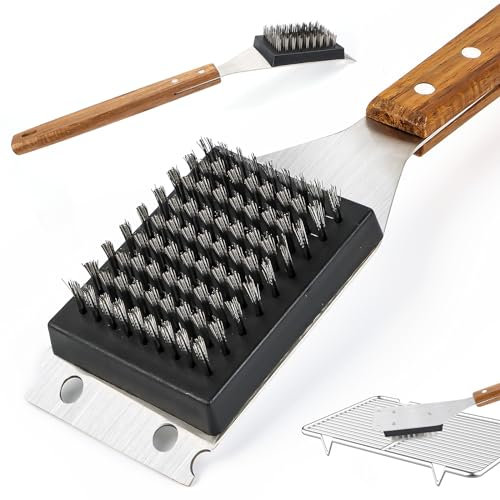 Spazzola per barbecue 2 in 1 con raschietto, spazzola per barbecue Lnjya 38 cm, spazzola per griglia in acciaio inox, con manico in legno, spazzola per la pulizia del barbecue a gas, griglia a