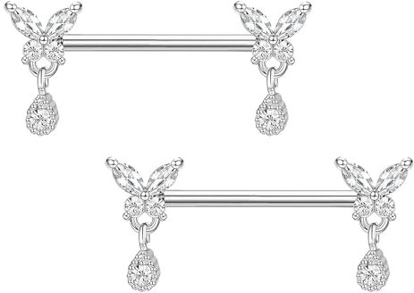 Gojewen 2er Brustwarzenpiercing Nippel Ring Barbell 14mm Chirurgenstahl Silber Brustpiercing Schmetterling Piercing Brustwarze Schmuck Damen Frau