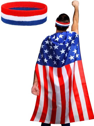 Ankelesz Amerikanische Flagge Kostüm Umhang für 4. Juli Retro 80er Jahre USA Rot Weiß und Blau Bandana Stirnband Outfits für Unabhängigkeitstag für Erwachsene Männer Frauen, Rot/Ausflug, einfarbig