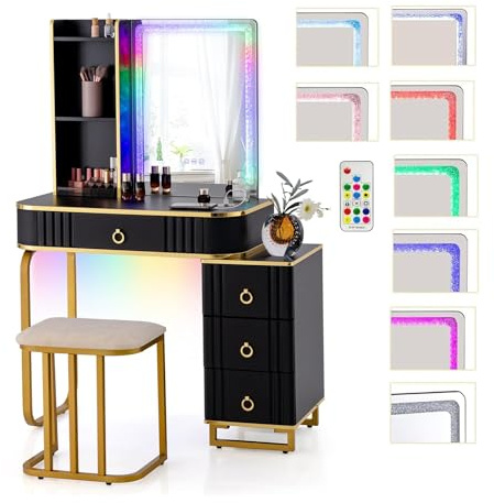 RELAX4LIFE Toeletta da Trucco con Luci LED, Tavolo da Trucco con Specchio, Set di Postazione Trucco con Porta USB/Type-C/Ricarica Wireless, per Camera da Letto, 80x40x137 cm (Nero)