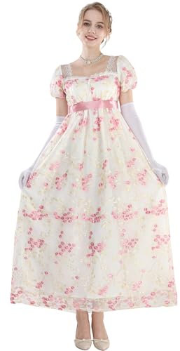 CROLECOS Ballkleider lang Prinzessin Vintage Kleid Viktorianische Ballkleid mit Handschuhen Empire Taille Kleid Regency Kleid Rosa M