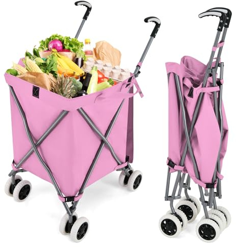 COSTWAY Carrello Spesa Pieghevole con Ruote, Carrello Portaspesa con Fodera in Tessuto Oxford Rimovibile e Impermeabile, 90L, Capacità di peso 55 kg (Rosa)