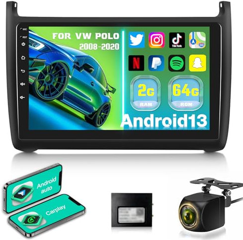 2G+64G Android 13 Autoradio per VW Volkswagen Polo 2008-2020 con Senza Fili Carplay Android Auto, Autoradio Schermo da 9 Pollici con WIFI/GPS/FM RDS Radio/Bluetooth+AHD Retrocamera