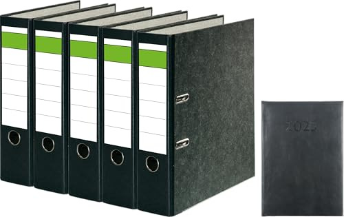 Papiertiger Ordner Nature mit farbigem Rücken aus Graukaton im Wolkenmamor Design, Rückenschild klassisch grüner Balken (Nature | Bundle mit Cheftimer, Schwarz, 5 Stück | 8cm Breit | Cheftimer)