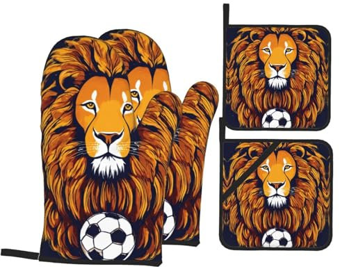Cool Lion - Juego de 4 manoplas de horno y soportes para ollas, decoración pesada para el hogar, cocina, regalo de Navidad