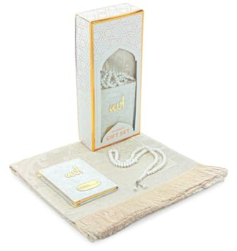 ihvan online Taffeta Fabric Muslim Prayer Rug & Velvet Covered Yaseen Surah Pocket-Size Book & Crystal Prayer Beads Set with Kraft Boxed, Perfect Islamic Ramadan Eid Gifts, White