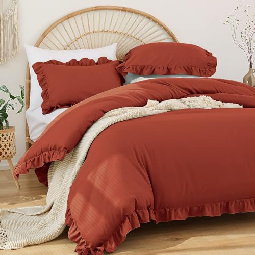 Covebett Rüschen Bettwäsche 200x220 Terracotta Uni Romantische Rüschenbettwäsche Set Bettbezug Einfarbig Renforce Mikrofaser Doppelbett Deckenbezug mit 2 Kissenbezug 80x80 cm Reißverschluss