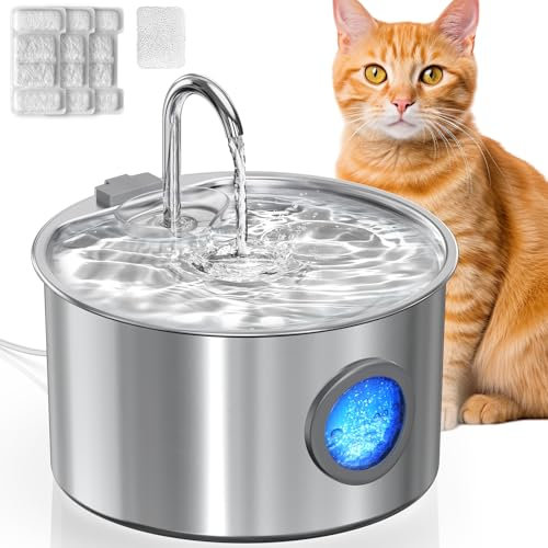 Cat Water Fountain for Drinking, 3.2L Automatic Stainless Steel Cat/Dog Water Fountain with 3 Filters and 1 Sponge, Silent Pet Water Dispenser for Cats/Dogs, Visible Water Level Dog Bowl Indoor