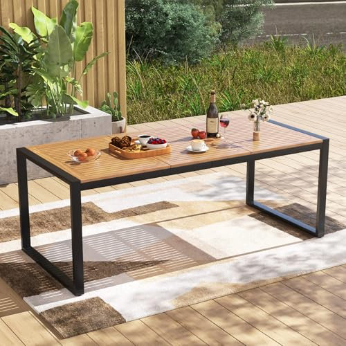 GOPLUS Table de JardinRectangulaire 8 Personnes 200 x 90 cm, Table à Manger Exterieur en Bois d'Acacia avec Trou pour Parasol Intégré et Cadre Métallique, pour Véranda,Balcon, Charge 80KG
