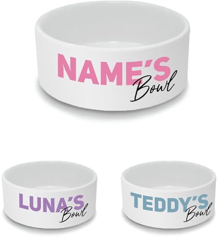 Personalised Ceramic Pet Bowl - Small White Pet Food Dish with Name's Bowl Design - Custom Name Pet Bowl 18cm Wide x 7cm Deep - Ideal For Cats, Small Dogs, Rabbits