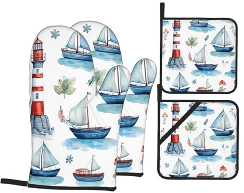 Lighthouse Sailboat 4 Pcs Oven Mitts and Pot Holders Set Heat Resistant Nautical Sea Oven Gloves and Hot Pads for Baking Cooking BBQ Grilling