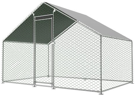 Hühnerstall mit Überdachung, 3x2x2 Meter, Verzinkter Stahl, Freilaufgehege Tiergehege für Hühner Hasen, Kleintiergehege mit Sonnenschutzdach und Tür für Hühner Ente Kaninchen (3x2x2M)