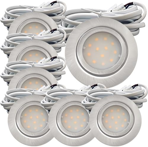 LED Möbeleinbauleuchten New Lina 12V DC – 7 Stück | Flache Einbauleuchte Ø72mm, 160lm, 3000K Warmweiß | IP44 LED Spots für Möbel, Schränke, Spiegelschränke | inkl. AMP-Stecker & 2m Kabel