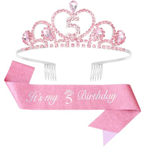 EXIPSAT Pinkes 5. Geburtstag Krone Schärpe Set, Passend für 5-jährige Mädchen, Geburtstags-Schmuck-Set mit Glitzer-Krone und rosa Schärpe
