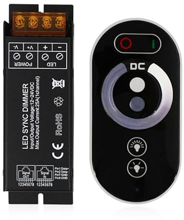 LED Sync Dimmer 12–24 V DC, 25 A mit RF-Fernbedienung (2,4 GHz) – 1-Kanal PWM-Funkdimmer für einfarbige LED-Streifen, stufenlos 0–100%, Nachtmodus, Speicherfunktion, Gruppen/Sync