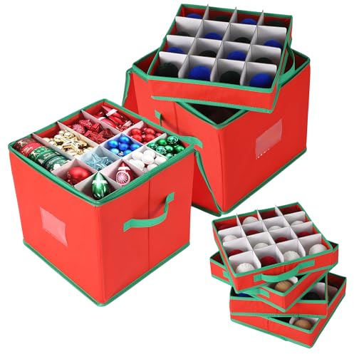 GarveeMore 2-Piece Set Christmas Decoration Storage, Christmas Ornament Box with Removable Trays, Double Zipper, Tear-Resistant Non-Woven Fabric – Stores Up to 128 Christmas Baubles, Red (33x33x34Cm)