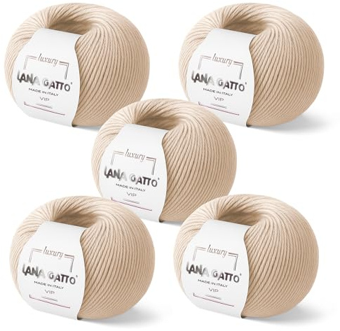 5-er-Pack Kaschmir- und extrafeine Merinowolle zum Stricken, Lana Gatto Vip Line, (Beige - 10011, 5)
