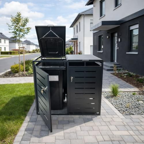 abc HOME Mülltonnenbox 2er für 2X 240L Tonnen – Verzinkter & pulverbeschichteter Stahl, Abschließbar – Premium Mülltonnenverkleidung mit Gasdruckdämpfer & Holzoptik Anthrazit (Anthrazit)