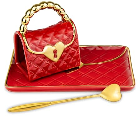 Froster Tazza a Forma di Borsetta con Piattino e Cucchiaino Cuore, 3D Tazza con Piattino a Forma di Borsa Rossa, 250 ml