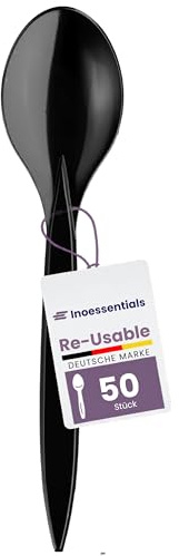 Inoverse Cucchiai riutilizzabili in plastica, 50 pezzi, colore nero | Cucchiai riutilizzabili, senza BPA, resistenti, lavabili in lavastoviglie, in plastica, per zuppa e buffet