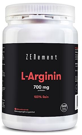 L-Arginin, 700 mg pro Kapsel, 360 Vegan Kapseln | Freie Form | Vasodilatator fördert die sportliche Leistung und den Muskelaufbau | Vegan, ohne Zusatzstoffen, glutenfrei | Zenement
