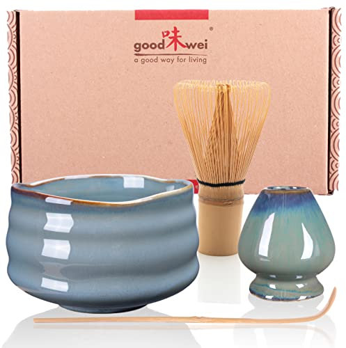 Goodwei Matcha Set komplett mit Matchabesen, Matcha Löffel und Matcha Schale aus Keramik mit Besenhalter im passenden Design | Kunstvoll gefertigte Zeremonieschale Chawan (Menouseki, 120)