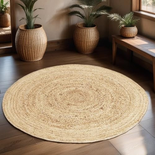 Handgewebter runder Jute Teppich 120 cm Teppich Abril Natur | Outdoor Teppiche Rund geflochten für Garten oder Balkon | Indoor im Wohnzimmer Kinderzimmer | Mediterrane Deko für Ihre Wohnung