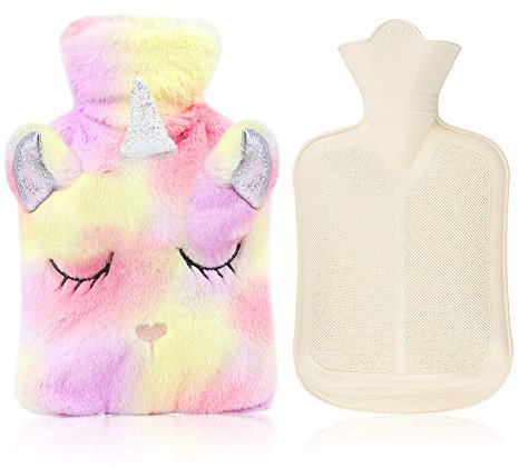 Hot Water Bottle with Cover,Removeable & Washable Soft Unicorn Bottle Cover,Natural Rubber 1 L (Red and Yellow)
