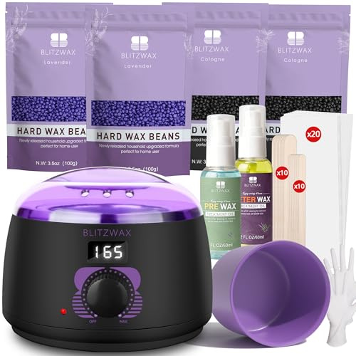 BLITZWAX Brazilian and Bikini Waxing Kit for Women, Hard Wax Warmer for Face, Legs and Body, At Home Hair Removal Kit, Beginner Friendly, Digital Fast Heating, 51 Wax Items