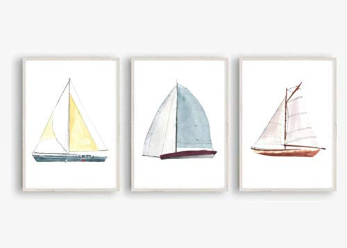 Din A4 Kunstdruck ohne Rahmen - 3er Set Segelboot Boot Maritim Meer Badezimmer Aquarell Schiff Druck Poster Bild