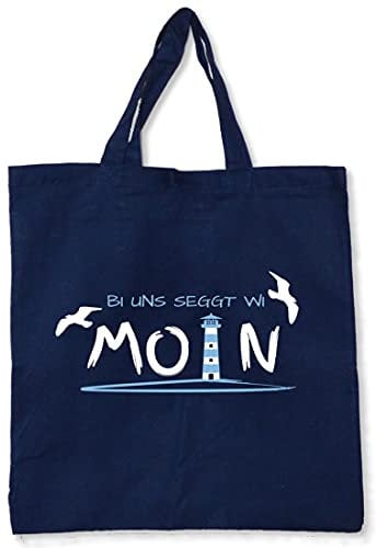 Fördeblau Dunkelblaue Tragetasche mit 'Moin' Aufdruck, 38x42cm, 100% Baumwolle, Stilvolles Norddeutsches Design mit Leuchtturm und Möwen. Schönes Geschenk auf Plattdeutsch.