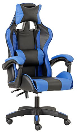 Baroni Home Gaming-Stuhl, ergonomischer Bürostuhl, gepolstert Gaming Sessel mit bequemer, Verstellbarer Rückenlehne, Gamer Chair mit Kopfstütze und Lendenwirbelstütze, Blau