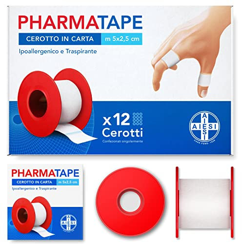 AIESI® Rollo de yeso adhesivo de papel hipoalergénico m 5x2,5 cm PHARMATAPE (Paquete de 12 piezas)