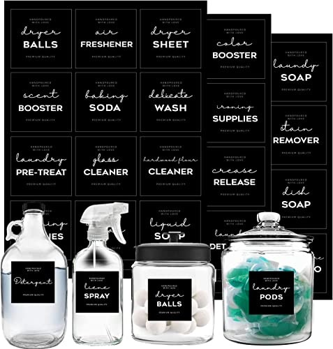 Minimalistisches Wäscheetiketten-Set, v2croft 48 schwarze, matte Aufkleber auf durchsichtigen Kanistern, Heimorganisationsaufkleber für Waschküche, Bettwäsche und Reinigungsmittel (wasserfest)