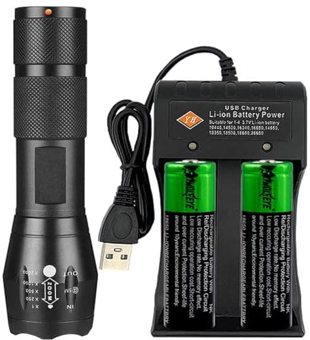 COXNSXX LED Torch Rechargeable, 2000LM Bright Flashlight with 2 Rechargeable 18650 Batteries and 2-Slot USB Universal Battery Charger, 5 Modes, Waterproof Pocket Size for Camping, Hiking, Outdoor