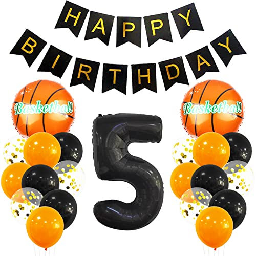 5 Jahr Kindergeburtstag Deko Set Happy Birthday Banner Großes Basketball Luftballon Dekorationen Zahl 5 FolienBallon Orange Schwarz Ballon für Kinder Basketball Themenfeier Party Geburtstagsdeko