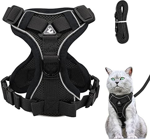 Verstellbares Katzengeschirr Ausbruchsicher, Katzengeschirr mit Leine Set, Softgeschirr für Katze Brustgeschirr für Katzen Kitten Hunde Welpen (Schwarz -S)