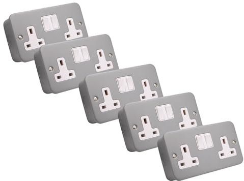 SHPELEC® 13A Premium Switched Metal Clad Double Sockets 2 Gang BS Standard - Available in 1, 2, and 3 Pack Variations (5)
