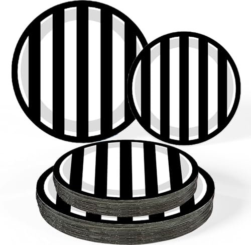 50Pcs Black and White Party Supplies Black and White Paper Plates Set 9Black and White Striped Plates 7Black and White Dessert Plates,for Black and White Themed Black and White Birthday Decorations