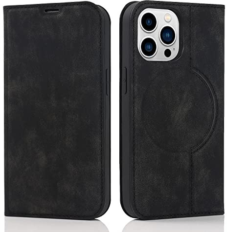 QLTYPRI Wallet Case for iPhone 15 Pro 6.1 inch Compatible with Magsafe Charger, Magnetic Flip Folio PU Leather Phone Case with RFID Blocking Card Holder Slots Kickstand Shockproof Cover - Black