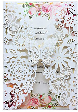 Hosmsua 20x Elfenbeinfarbener Laserschnitt Spitze Flora Hochzeit Einladungskarten mit Schmetterling und Umschläge für Geburtstag Verlobung Geburtstag Hochzeitseinladungen (20 Stück)