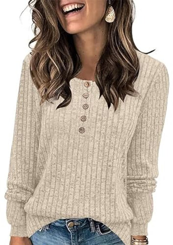ABINGOO Damen Pullover Lässige Sweater Leichtes Henley Shirt Rundhals Herbst Strickpullover Einfarbig Langarm Locker Basic Tunika Tops(Beige,M)