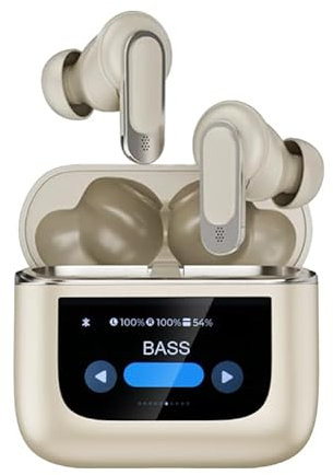 Chillitech® Escapade, Wireless Bluetooth Earphones with Built-in Screen & Noise Cancelling Technology, Customise Sound, Change Music and Volume, 32 Hours Battery Life (Sandstorm Gold)