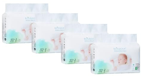 ECOBOOM - Pañal Ecológico de BAMBÚ Eco Boom. 70% Biodegradable, Hipoalergénico (TALLA 2/S, 3-8 KG, PACK 4 BOLSAS, TOTAL 144 PAÑALES)