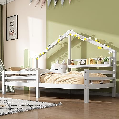 Zravenna Kinderbett Hausbett 90x200 cm Weiß, Einzelbetten Bettgestell mit lattenrost Holz, Bett mit Rausfallschutz, 2 Schubladen, ohne Matratze (Ohne Schublade)
